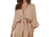 Milio Milano Three Quarter Sleeve Drapy Tie Top In Brown In Brown