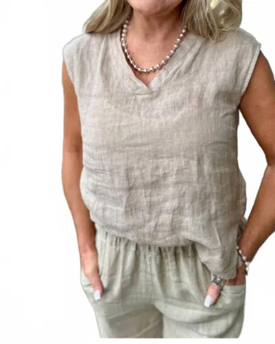 Milio Milano V-neck Linen Sleeveless Top In Earth Beige In Gray