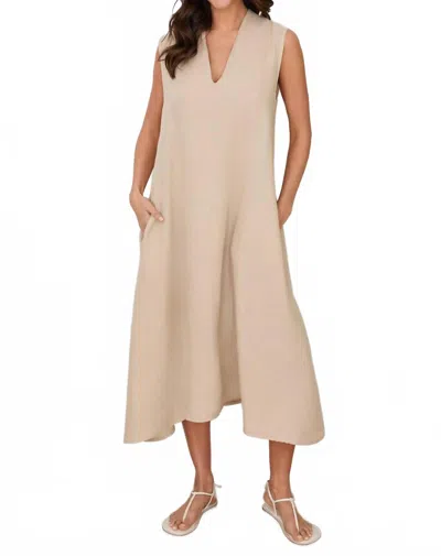 Milio Milano V-neck Sleeveless Back Keyhole Midi Dress In Earth Beige In Multi