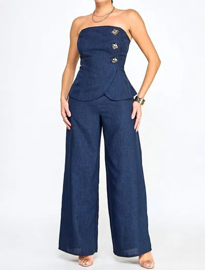 Milk & Honey Catalina Large Button Embellished Strapless Jumpsuit In Navy In Blue