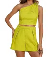 Milk & Honey Paige One-shoulder Bow Detail Short Set In Lime In Green