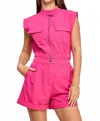 Milk & Honey Short Sleeve Pocket Vest Top With Rolled Up Short Set In Hot Pink In Pink