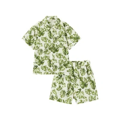 Milkbarn Kids'  Collar Button-up Shirt And Shorts Set In Green