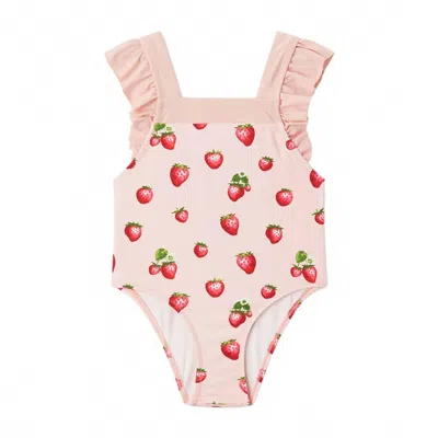 Milkbarn Babies' Kid's Ruffle Square Neck Swimsuit In Strawberry In Gold
