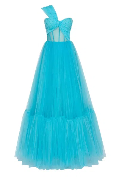 Milla Aquamarine Ball Gown With One-shoulder Wrap Top In Blue