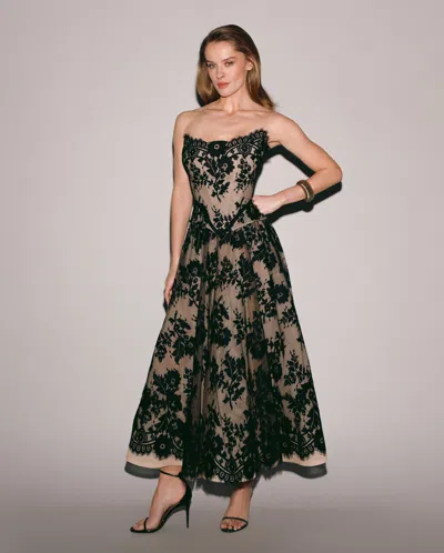 Milla Beige A-line Midi Skirt With Chantilly Lace In Black