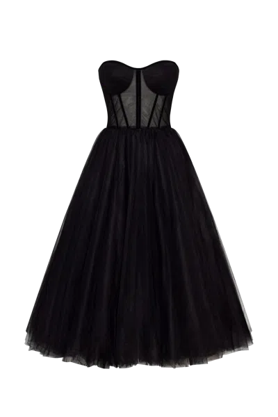 Milla Black Strapless Puffy Midi Tulle Dress