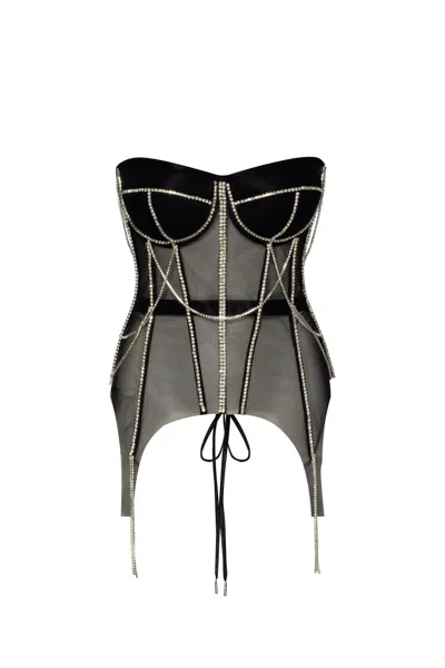 Milla Black Transparent Corset With The Shiny Rhinestones In Black #000000