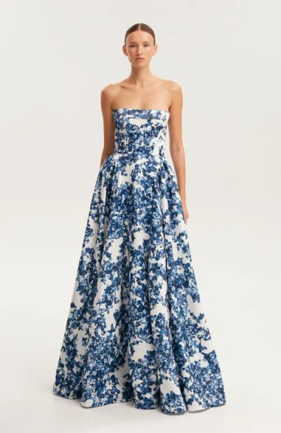 Milla Blue Floral Strapless Maxi Evening Gown With Corset Bodice