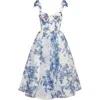 Milla Charming Blue Hydrangea-patterned Organza Midi Dress In Blue-navy