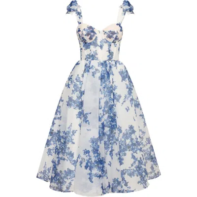 Milla Charming Blue Hydrangea-patterned Organza Midi Dress In Blue-navy