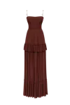 MILLA CHOCOLATE SPAGHETTI STRAP PLEATED MAXI DRESS, GARDEN OF EDEN