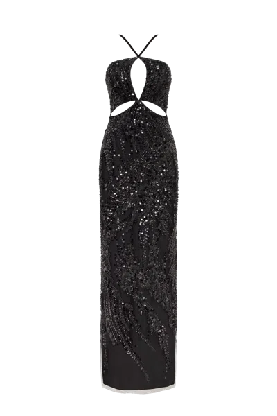 Milla Cut-out Halterneck Black Maxi Covered In Sequins