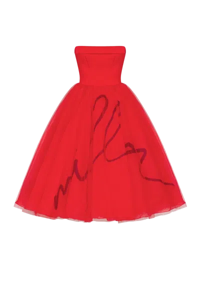 MILLA DRAMATIC RED ORGANZA DRESS ADORNED WITH MILLA'S SIGNATURE AND BLACK GLOVES, XO XO