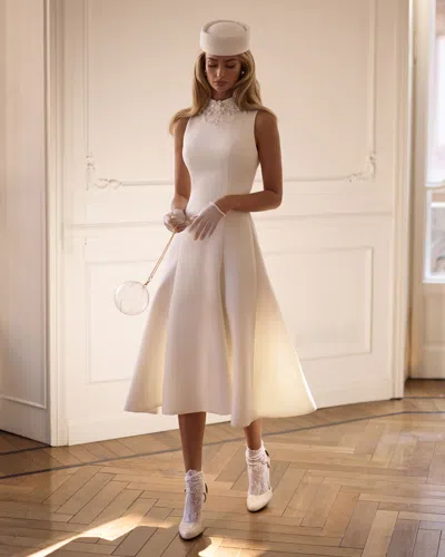 Milla Elegant White Midi Dress With A High Neckline In Neutral