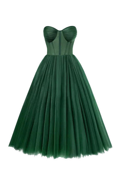 Milla Emerald Green Strapless Puffy Midi Tulle Dress