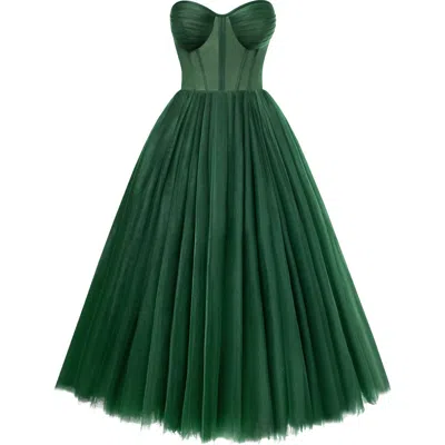 Milla Emerald Green Strapless Puffy Midi Tulle Dress