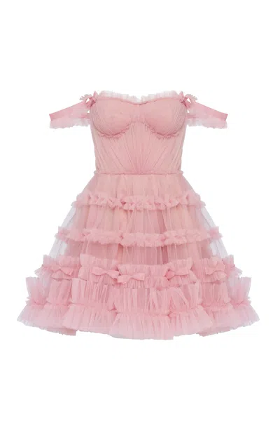 MILLA FLIRTY RUFFLED TULLE MINI DRESS IN MISTY ROSE, GLOW-UP