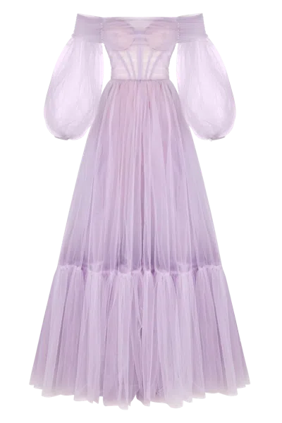 Milla Lavender Sheer Sleeves Maxi Tulle Dress In Purple