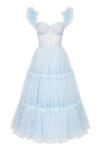 Milla Light Blue Ruffled Tulle Midi Dress In Light Blue