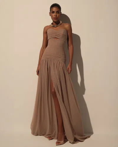 Milla Maxi Dress In Italian Mesh With Corset Bodice In Brown