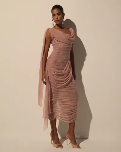 Milla Midi Dress In Italian Mesh With Draping In Neutral