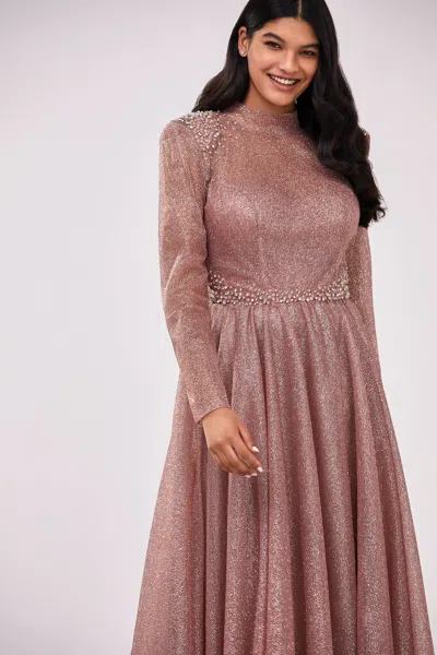 Milla Misty Rose Long-sleeve Maxi Dress Decorated With Shiny Rhinestones In Brown