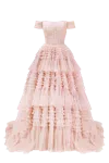 Milla Misty Rose Off-the-shoulder Frill-layered Gown In Pink