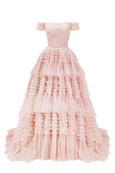 Milla Misty Rose Off-the-shoulder Frill-layered Gown