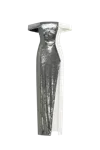 Milla Noteworthy White Satin Maxi Gown Covered In Silver Sequins, Xo Xo In Silver