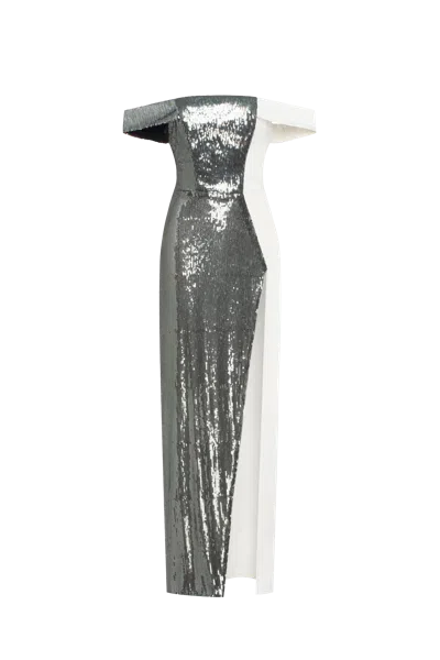 Milla Noteworthy White Satin Maxi Gown Covered In Silver Sequins, Xo Xo