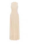 Milla Nude Sleeveless Mock Neck Dress With A Pleated Maxi Skirt
