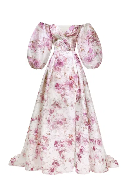 Milla Pink Peony Elegant Floral Puff Sleeve Maxi Dress