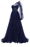 Milla Royal Navy Tulle Gown With Detachable Sleeve In Navy