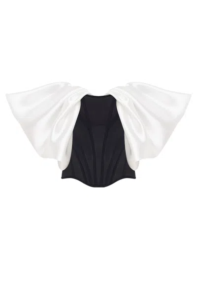 Milla Sophisticated Black Fitted Corset With White Satin Off-the-shoulder Sleeves In Black & White