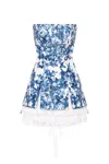 Milla Strapless Blue Hydrangea Mini Dress With Accent Lacing