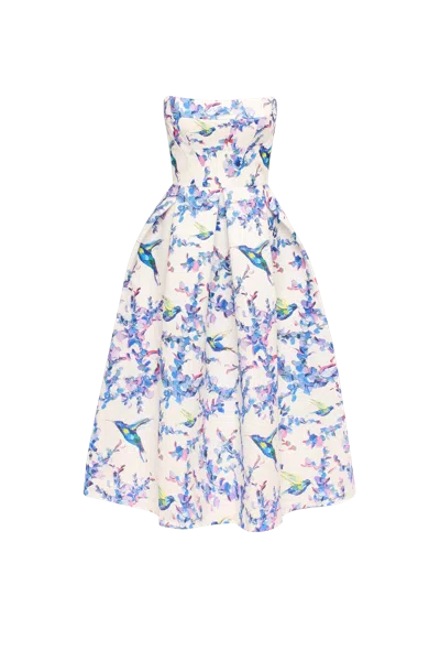 Milla Strapless Midi Dress With Bird And Flower Print, Garden Of Eden In Lavender Birds