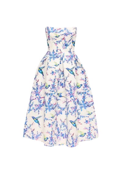 MILLA STRAPLESS MIDI DRESS WITH BIRD AND FLOWER PRINT, GARDEN OF EDEN