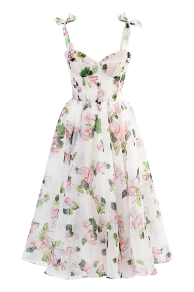 Milla Tender Floral Midi Tie-strap Dress In White