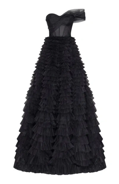MILLA MILLA TIMELESS ONE-SHOULDER FRILL-LAYERED BALL GOWN IN BLACK