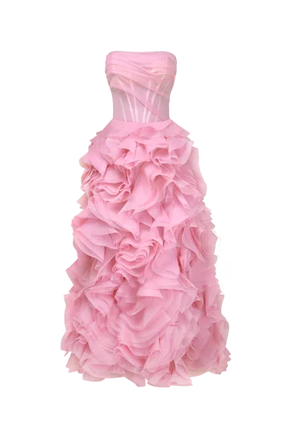 Milla Voluminous Rose Appliques Pink Maxi Dress, Garden Of Eden
