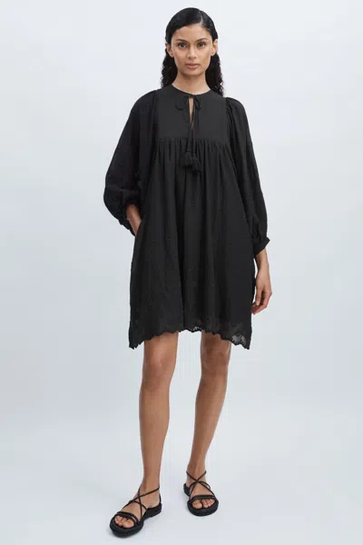 Mille 100% Cotton Puff Sleeve Mini Dress In Black