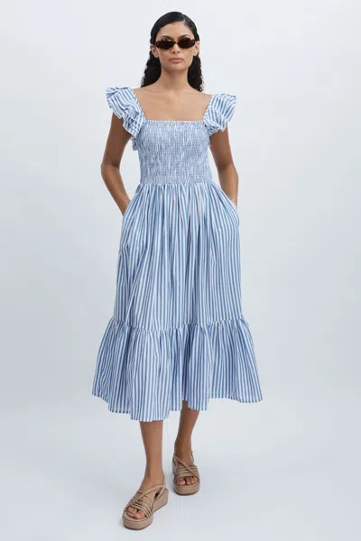 Mille 100% Cotton Striped Ruffle-sleeve Midi Dress In Blue Stripe