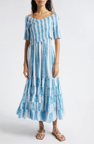 Mille Celia Stripe Smocked Bodice Tiered Ruffle Maxi Dress In Aqua Jaipur Stripe