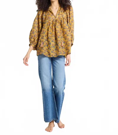 Mille Chelsea Puff Sleeve Blouse In Yellow With Purple And Blue Floral Print In Multi