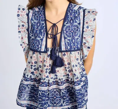 Mille Chelsea Ruffle Sleeve Blouse In Sky Blue, Blue And Pink In Multi