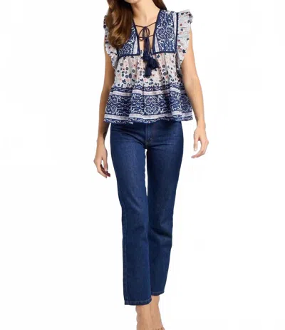 Mille Chelsea Wide Ruffle Hem Top In Navy Floral In Blue