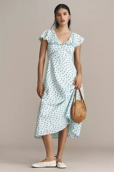 Mille Eloise Flutter-sleeve V-neck Midi Dress In Blue