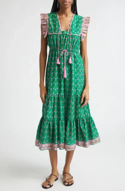 Mille Esme Mixed Print Tassel Tie Cottton Midi Dress In Green