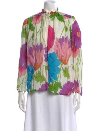Pre-owned Mille Floral Print Long Sleeve Blouse In Green